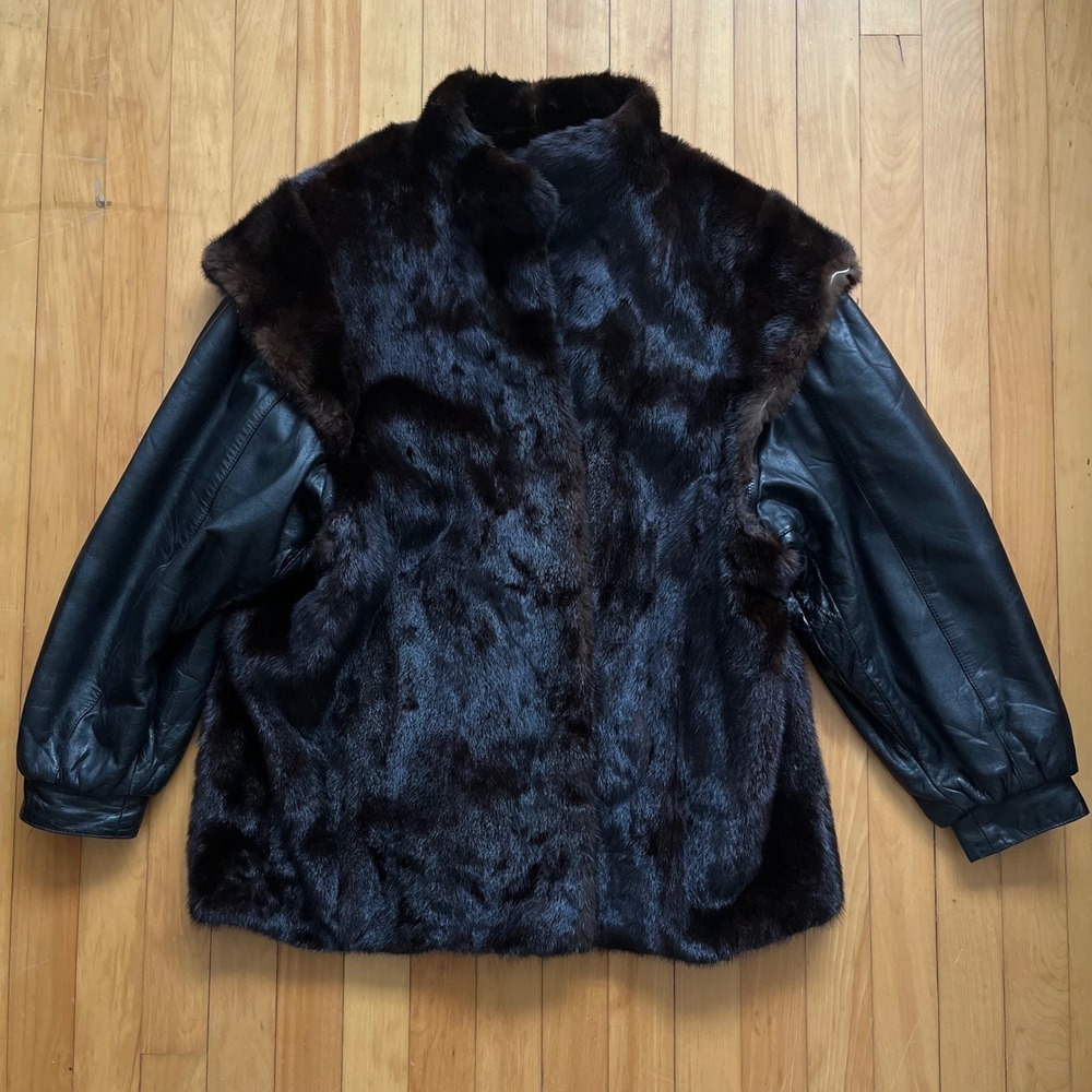 Mink Fur Jacket Coat Womens Large Luxury Outerwear w/ Removable Leather Sleeves